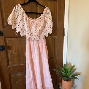 Blush pink off the shoulder lace maxi dress